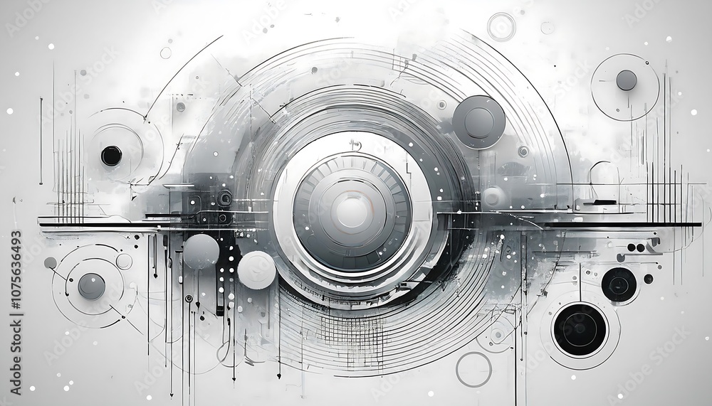 Poster a white background features a distressed design with geometric patterns, circle rings, and _1(776)