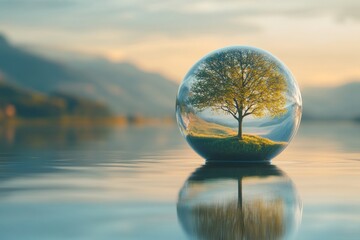 A Glass Orb Encapsulating a Tree Reflecting on Calm Water