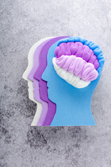 A brain model crafted from shades of purple material rests on with blue of head on a gray...