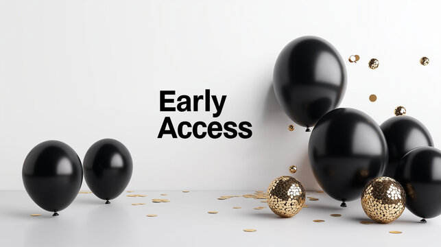 A collection of black balloons and scattered golden confetti create an elegant atmosphere for a celebration. The text indicating early access adds excitement to the setup - Powered by Adobe