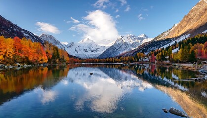 Fototapeta premium A tranquil mountain lake surrounded by vibrant autumn hues and dusted with snow atop the ru_1(728)