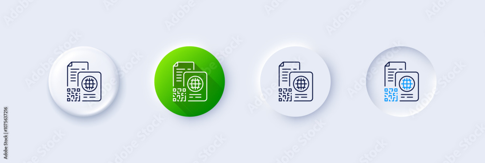Poster qr code line icon. neumorphic, green gradient, 3d pin buttons. scan barcode sign. passport id symbol