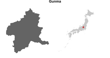 Gunma prefecture blank outline map set