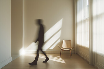 A figure pacing back and forth, captured in a blurred motion to signify restlessness, Empty, minimalist room with a single chair in the background, soft light coming from a window