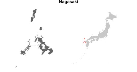 Nagasaki prefecture blank outline map set