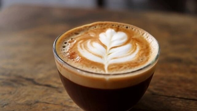 Artistic foam design on cortado, highlighting espresso and milk blend, in rustic caf&eacute; setting., Creamy cortado with unique foam design, placed on rustic caf&eacute; countertop in soft-focus.