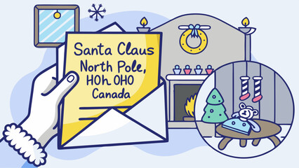 Letter to Santa Claus with cozy fireplace and holiday decor.