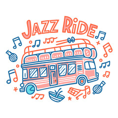 Fototapeta premium Fun jazz-themed bus ride with musical notes illustration.