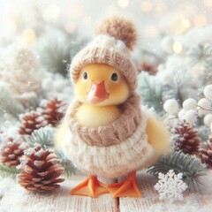 Obraz premium A duckling in a winter cap among snow cones.