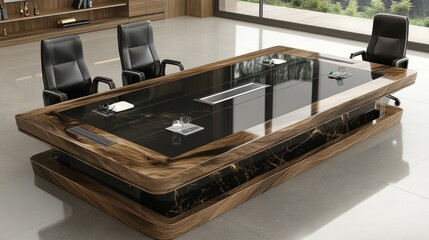 Modern conference table with black glass top and wood base.