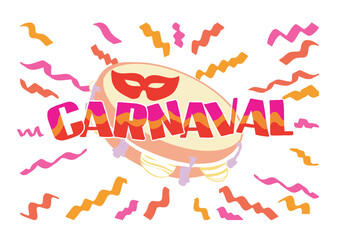 Carnival with tambourine and confetti. Banner for holiday celebration and invitation to a typical Brazilian carnival party. Transparent background.