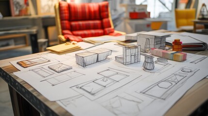 A table covered with architectural drawings and scale models of a building.