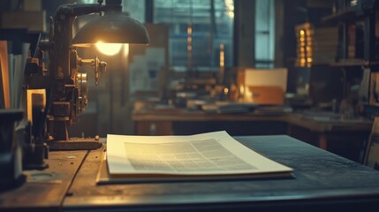 An old printing press with a single light illuminating a page of text on a wooden table.