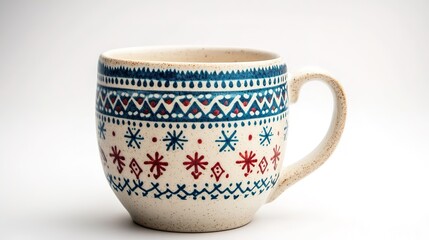 Ceramic mug with colorful ethnic patterns on white