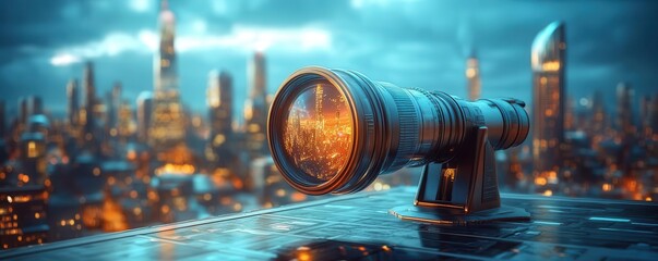 Vision 2025, telescope and futuristic cityscape, ambitious planning, 3D illustration
