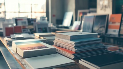 Fototapeta premium Stacked books on a wooden table in a bookstore.