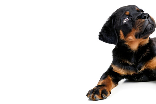 Portrait of a rottweiler puppy lying on a white background