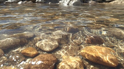 Clear water flowing over smooth rocks in a river bed.
