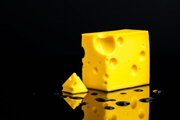 Closeup of a sliced yellow Swiss cheese with holes, on black background. Concept of dairy products