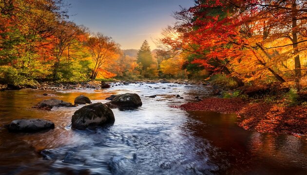  A serene river flows through a landscape of vibrant autumn colors where leaves float ge_1(536)