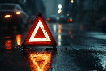 On a rainy night, a bright traffic sign warns motorists of dangers ahead, highlighting the importance of cautious driving in poor visibility conditions to ensure safety for all road users