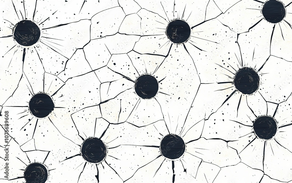 Poster artistic interpretation of broken surfaces featuring dark circles and crack patterns in a striking m