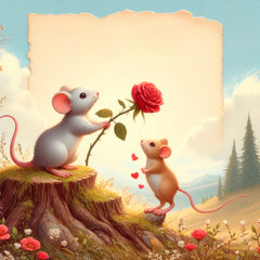 Naklejka premium A mouse gives a rose to a small mouse in a clearing. Space for text.