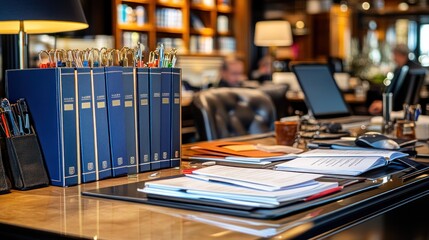 Office desk with binders, documents, and laptop.