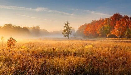 Fototapeta premium A serene meadow on a misty autumn morning, with golden and russet hues set against a peacef_1(526)