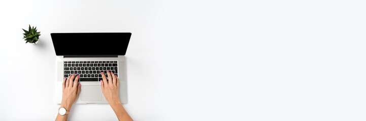 Overhead shot of woman working in office. Copy space