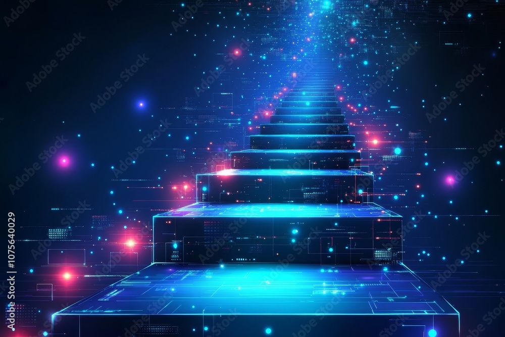 Poster an illuminated staircase set in a captivating cosmic atmosphere, featuring vibrant neon colors and i