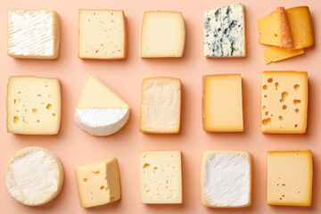 A collection of diverse cheeses including soft and hard varieties, on a neutral background, showcasing gourmet food