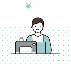 A man is sitting at a sewing machine. He is smiling and he is enjoying his work