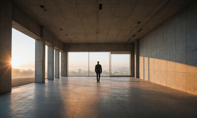 A man stands in a large, empty room, looking out at the city skyline during sunrise
