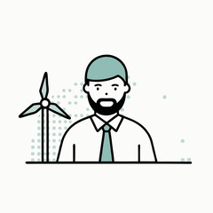 A man wearing a tie stands next to a wind turbine. Concept of progress and innovation, as the man represents the future of renewable energy. The wind turbine symbolizes the potential for clean