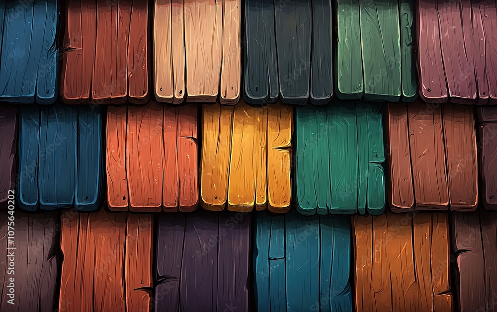 Poster vividly colored wooden shingles create a unique and artistic pattern on the roof of a structure in a