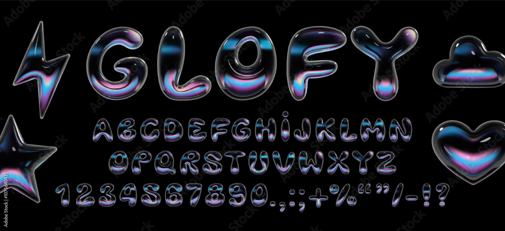 Aufkleber 3d glass holographic font in y2k style. inflated balloon bubble letters and numbers with glossy, tra