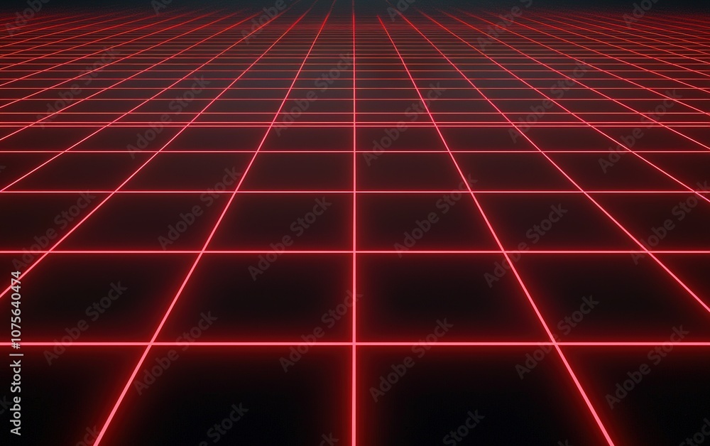 Poster a vibrant red grid visualization stretching across a dark background created for digital art or sci-