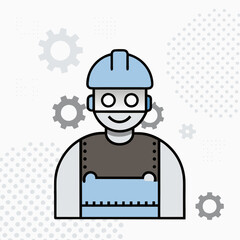 A man in a hard hat is smiling. The image is of a robot. The robot is surrounded by gears