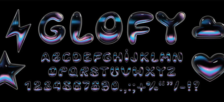 3d glass holographic font in Y2K style. Inflated balloon bubble letters and numbers with glossy, translucent surface. Isolated vector for 2000s typography, modern font design, and creative projects