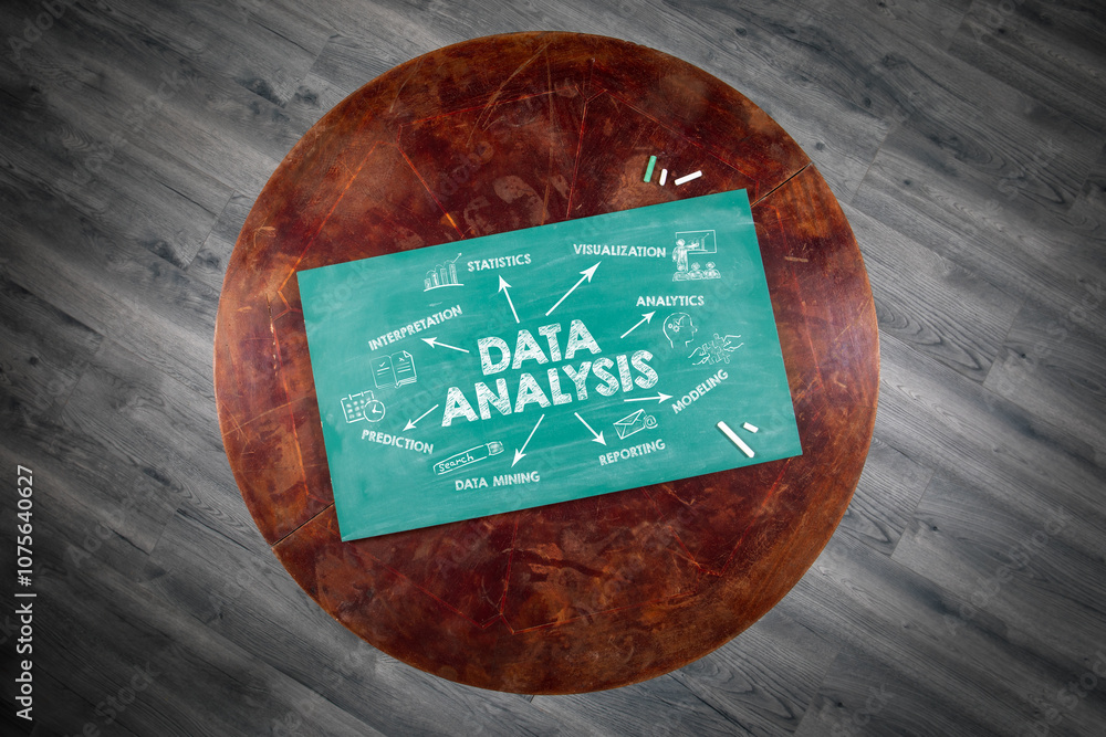 Canvas Prints data analysis concept. illustration with icons, arrows and keywords. round wooden table