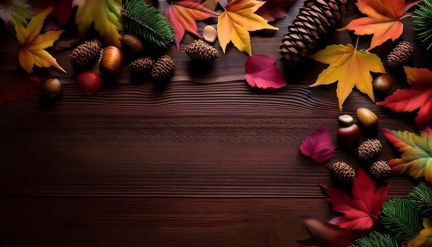  A seasonal scene with colorful leaves, acorns, and pinecones against a dark wood background_1(513)