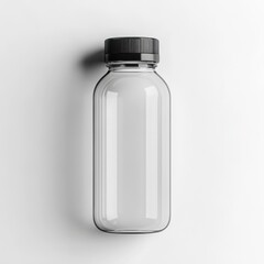 Fototapeta premium Transparent small animal water bottle with black lid isolated on white background