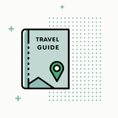 A travel guide with a map and a green dot on it. The travel guide is on a white background