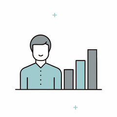 A man is smiling and standing in front of a graph with three bars. The bars are labeled with numbers and the man is looking at the graph. Concept of accomplishment and success