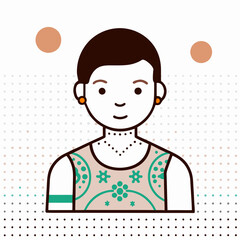 A cartoon of a woman with a green and white shirt and earrings. The woman is smiling and has a tattoo on her arm
