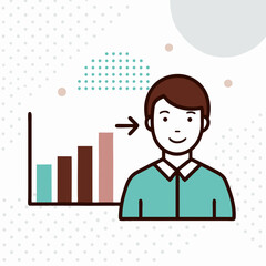 A man is smiling and pointing to a graph. The graph shows a downward trend. The man's smile suggests that he is happy despite the negative trend shown in the graph