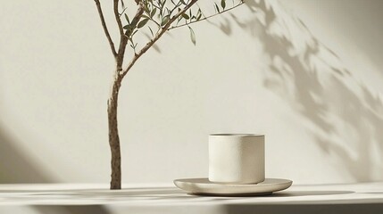   A cup and saucer sit on a table near a tree with a wall shadow