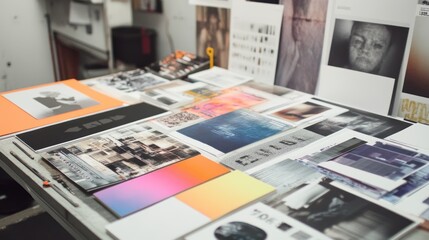 A table covered in various graphic design projects, showcasing different styles and techniques.