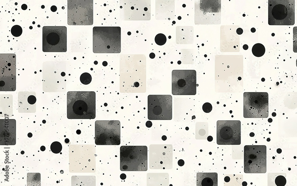 Poster abstract pattern featuring black and gray squares and circles on a white background for modern desig